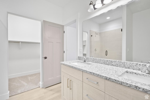 bathroom with a spacious closet, double vanity, a sink, and a stall shower