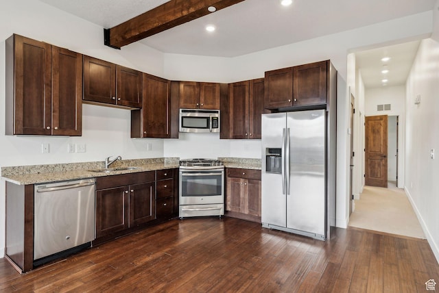 6169 Park Ln Unit 37, Park City, UT 84098 - kitchen with sink, dark wood-type flooring, stainless steel appliances, light stone countertops, and beamed ceiling