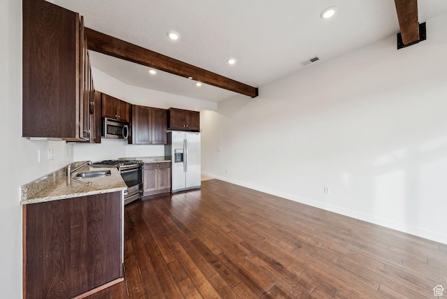 6169 Park Ln Unit 37, Park City, UT 84098 - kitchen with sink, appliances with stainless steel finishes, light stone countertops, dark hardwood / wood-style flooring, and beamed ceiling