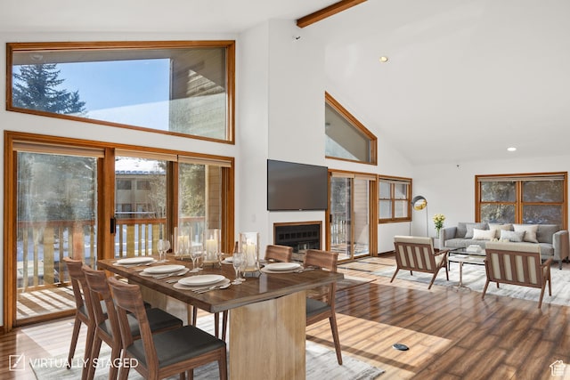 515 Saddle View Way Unit 23, Park City, UT 84060 - dining space featuring hardwood / wood-style flooring, high vaulted ceiling, and beamed ceiling