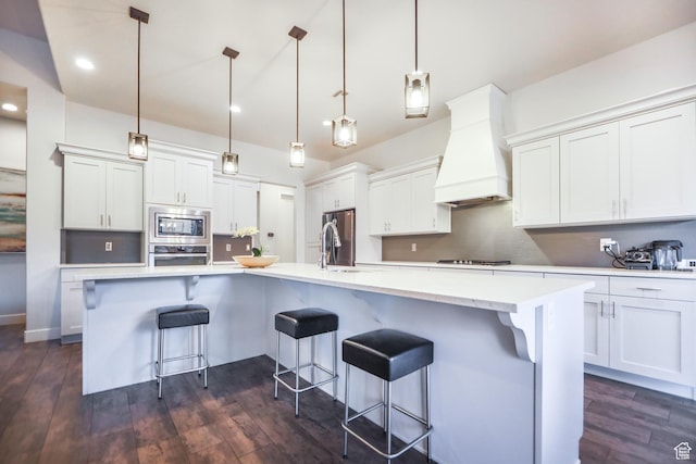 378 W Redstone Ct, Ivins, UT 84738 - kitchen with premium range hood, appliances with stainless steel finishes, dark wood-type flooring, and decorative backsplash