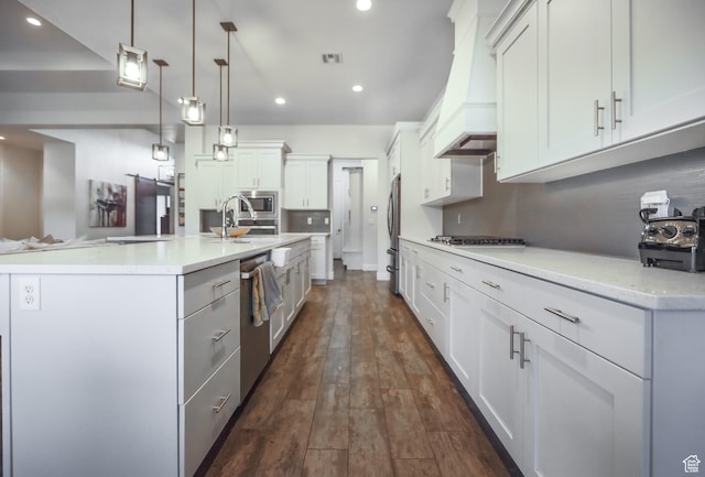 378 W Redstone Ct, Ivins, UT 84738 - kitchen featuring dark wood-style floors, a spacious island, custom exhaust hood, stainless steel appliances, and backsplash