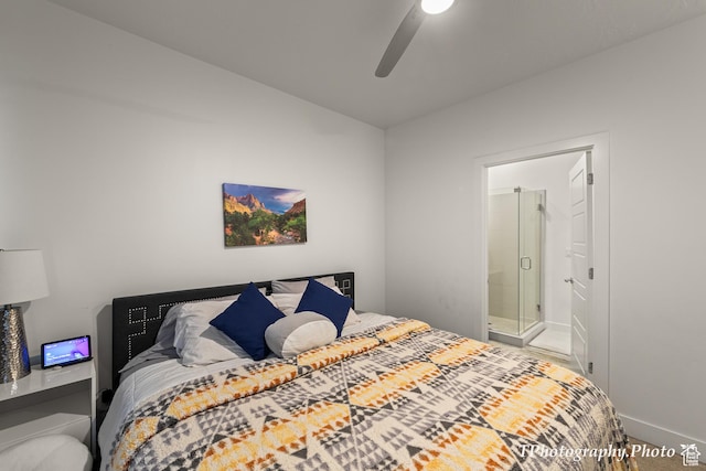 bedroom featuring ceiling fan and ensuite bathroom