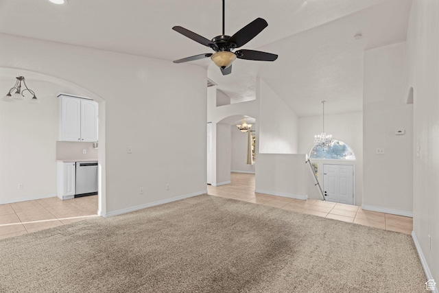 3561 W 290 N, Hurricane, UT 84737 - unfurnished living room with vaulted ceiling, ceiling fan with notable chandelier, and light colored carpet