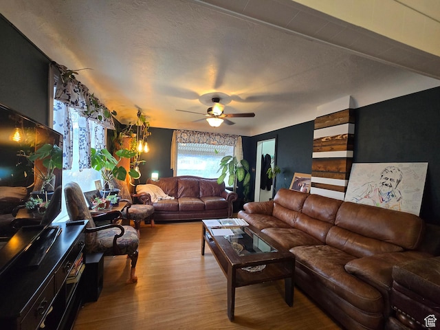 living area featuring a ceiling fan, light wood-style floors, and a textured ceiling