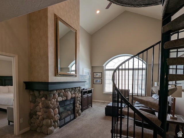 798 N 800 W Unit 8, Midway, UT 84049 - carpeted bedroom featuring a water view, a fireplace, and high vaulted ceiling
