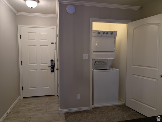 798 N 800 W Unit 8, Midway, UT 84049 - clothes washing area with stacked washer and dryer, crown molding, and a textured ceiling