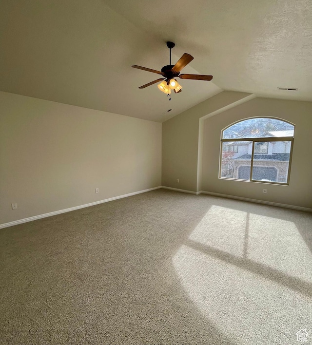 909 E Rosebud Ct, Draper, UT 84020 - carpeted empty room with vaulted ceiling, a textured ceiling, and ceiling fan