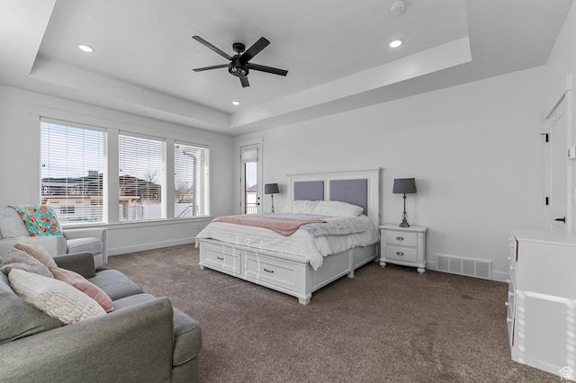 1426 S 1450 W, Mapleton, UT 84664 - bedroom with baseboards, visible vents, dark carpet, and a tray ceiling