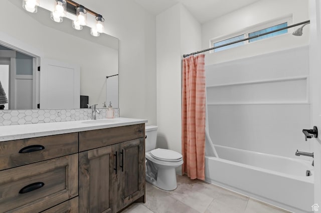 1426 S 1450 W, Mapleton, UT 84664 - full bathroom with decorative backsplash, toilet, shower / bath combo, vanity, and tile patterned floors