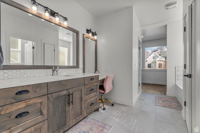 1426 S 1450 W, Mapleton, UT 84664 - full bathroom with visible vents, decorative backsplash, vanity, baseboards, and tile patterned floors