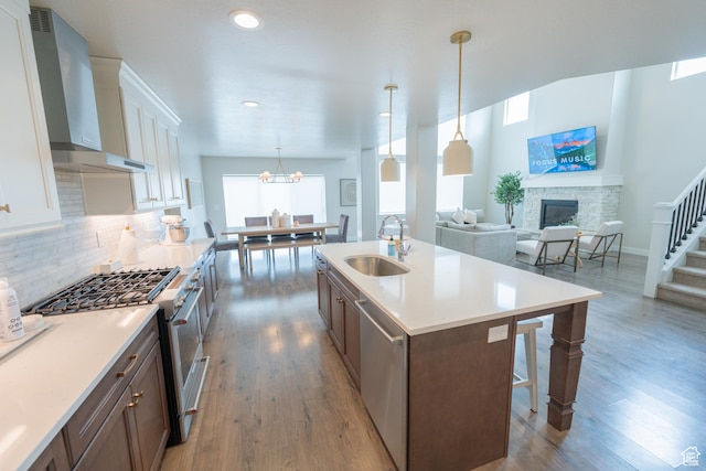 kitchen with wall chimney range hood, stainless steel appliances, a sink, a stone fireplace, and wood finished floors