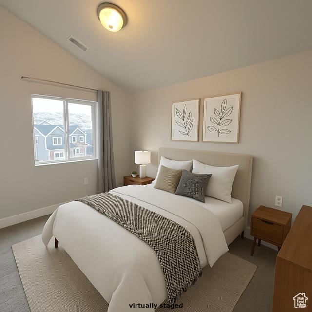 545 E Petersen Pkwy, South Weber, UT 84405 - bedroom featuring carpet floors, lofted ceiling, and baseboards