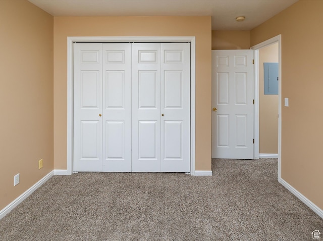unfurnished bedroom featuring carpet, electric panel, and a closet