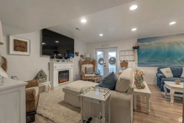 14139 S Radial Ln, Draper, UT 84020 - living area with light wood finished floors, a glass covered fireplace, recessed lighting, baseboards, and french doors