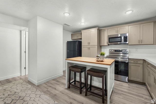 kitchen with wood counters, light hardwood / wood-style flooring, a kitchen breakfast bar, and appliances with stainless steel finishes