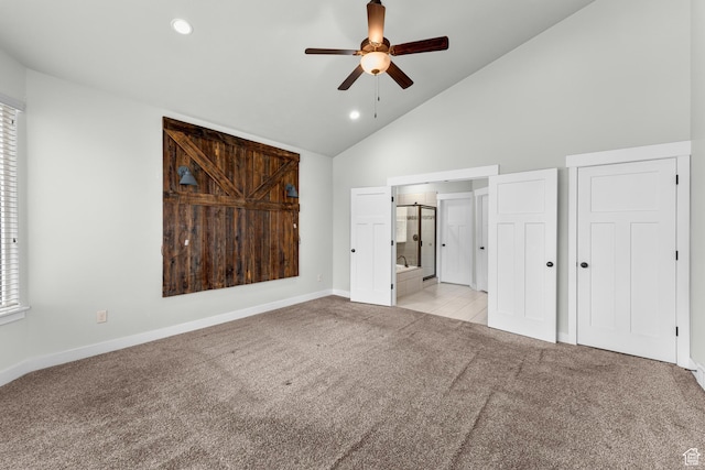 10743 S Autumn Wind Way S, Jordan, UT 84009 - unfurnished bedroom featuring ensuite bathroom, light colored carpet, ceiling fan, and high vaulted ceiling