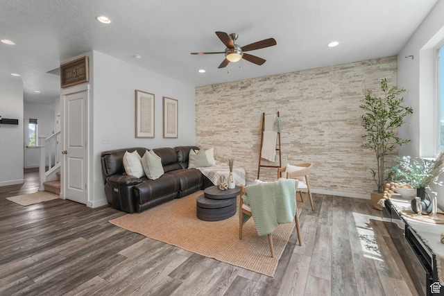 3457 W Hamm Ln, Herriman, UT 84096 - living area featuring a ceiling fan, recessed lighting, stairway, wood finished floors, and baseboards