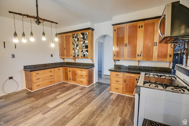 kitchen featuring dark wood-type flooring, decorative light fixtures, and white gas range