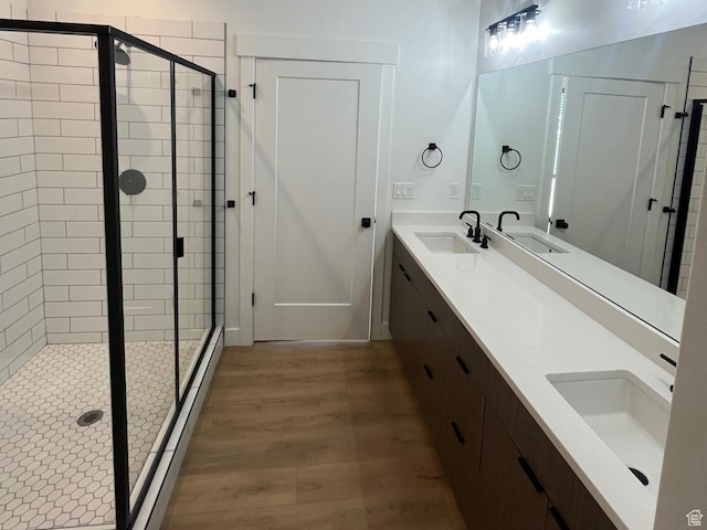 10131 N Redwood, Cedar Hills, UT 84062 - bathroom featuring walk in shower, vanity, and hardwood / wood-style floors