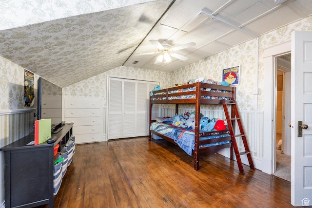390 E Center St, Spanish Fork, UT 84660 - bedroom featuring ceiling fan, dark hardwood / wood-style flooring, vaulted ceiling, and a closet