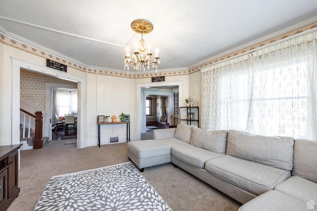 390 E Center St, Spanish Fork, UT 84660 - carpeted living room featuring crown molding and a notable chandelier