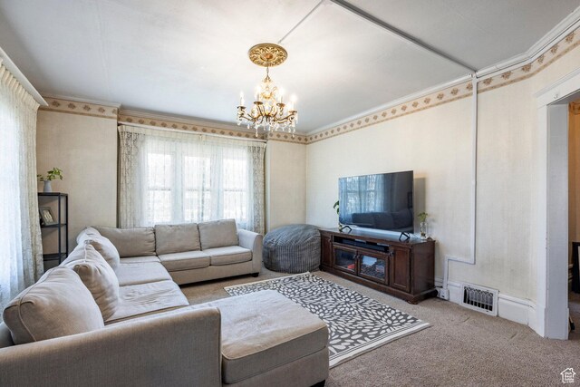 390 E Center St, Spanish Fork, UT 84660 - carpeted living room with ornamental molding and an inviting chandelier