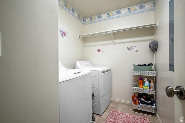 laundry room featuring laundry area, baseboards, and separate washer and dryer