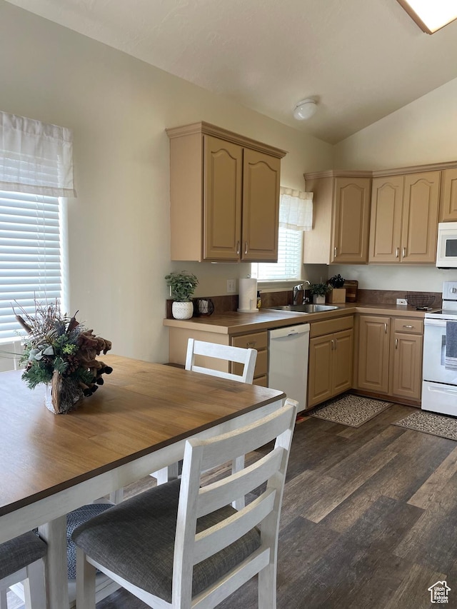 108 N 1st Ave, Dutch John, UT 84023 - kitchen featuring vaulted ceiling, butcher block countertops, sink, dark wood-type flooring, and white appliances