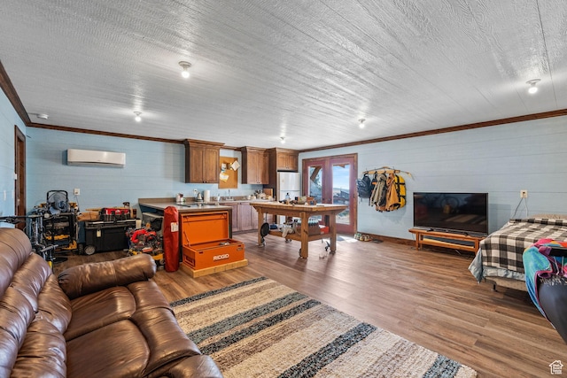 361 N 100 W, Holden, UT 84636 - living room featuring wood-type flooring, ornamental molding, and a wall mounted AC