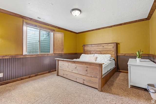 361 N 100 W, Holden, UT 84636 - carpeted bedroom featuring crown molding, a textured ceiling, and wood walls