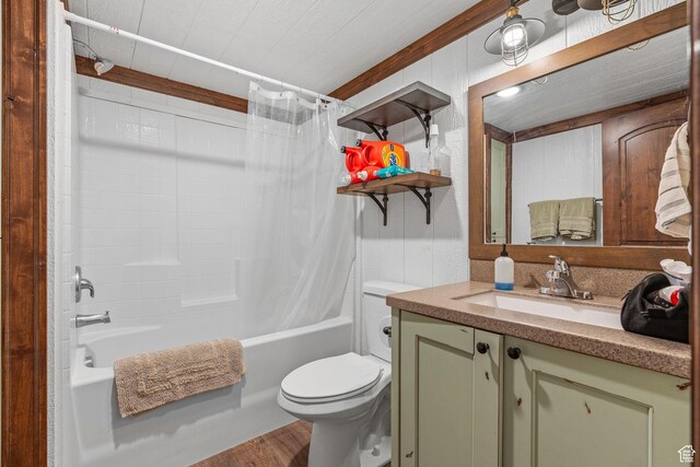 361 N 100 W, Holden, UT 84636 - full bathroom featuring toilet, vanity, shower / bathtub combination with curtain, and hardwood / wood-style flooring