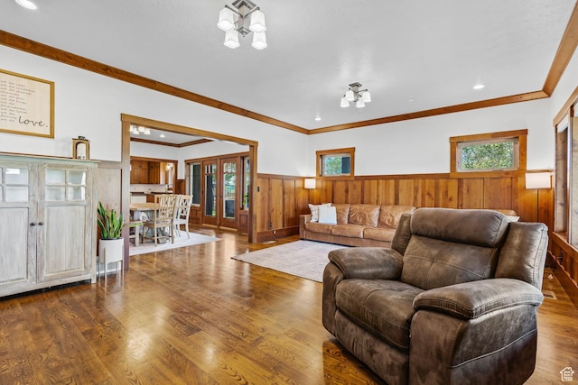 361 N 100 W, Holden, UT 84636 - living room with crown molding, hardwood / wood-style floors, french doors, and a notable chandelier