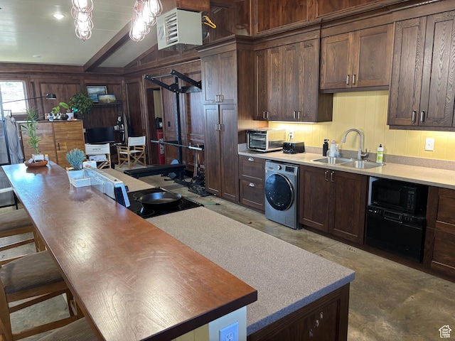 361 N 100 W, Holden, UT 84636 - kitchen featuring wood walls, black microwave, washer / dryer, sink, and dark brown cabinetry