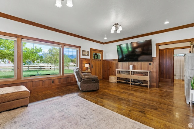 361 N 100 W, Holden, UT 84636 - living room featuring crown molding, wooden walls, dark hardwood / wood-style floors, and a notable chandelier
