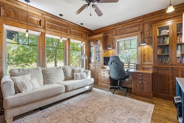 361 N 100 W, Holden, UT 84636 - home office featuring dark wood-type flooring, wooden walls, and ceiling fan