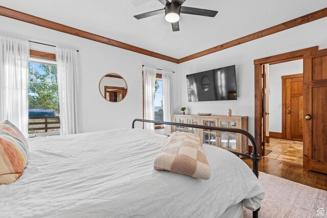 361 N 100 W, Holden, UT 84636 - bedroom with hardwood / wood-style floors, access to exterior, and ceiling fan