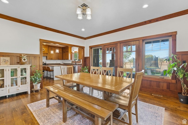 361 N 100 W, Holden, UT 84636 - dining room featuring ornamental molding, dark wood-type flooring, and sink