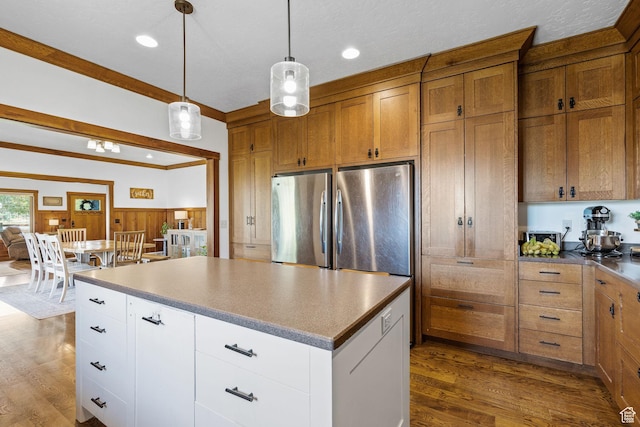 361 N 100 W, Holden, UT 84636 - kitchen featuring stainless steel fridge, pendant lighting, white cabinets, and dark hardwood / wood-style flooring
