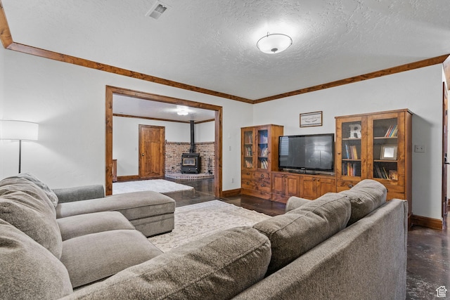 361 N 100 W, Holden, UT 84636 - living room featuring ornamental molding, a textured ceiling, and a wood stove