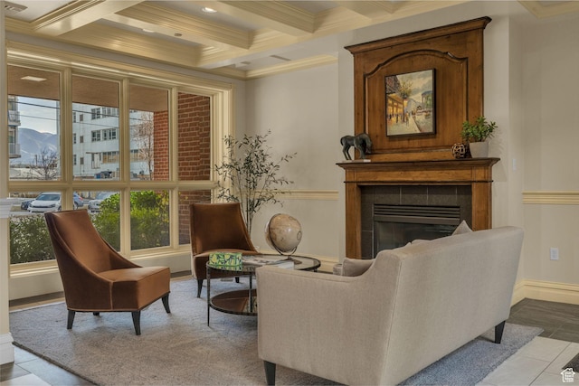 150 S 300 E Unit 202, Salt Lake City, UT 84111 - living area featuring coffered ceiling, ornamental molding, a tile fireplace, and beamed ceiling