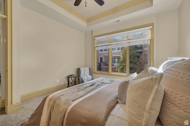 150 S 300 E Unit 202, Salt Lake City, UT 84111 - bedroom with crown molding, a raised ceiling, ceiling fan, and carpet flooring