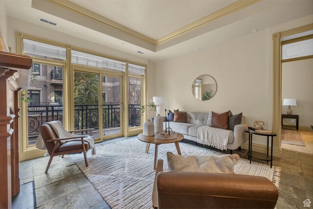 150 S 300 E Unit 202, Salt Lake City, UT 84111 - living room with a raised ceiling and ornamental molding