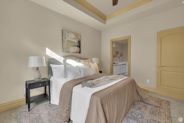 150 S 300 E Unit 202, Salt Lake City, UT 84111 - carpeted bedroom with ensuite bathroom, ceiling fan, ornamental molding, and a raised ceiling