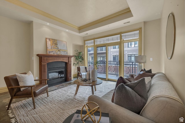 150 S 300 E Unit 202, Salt Lake City, UT 84111 - living room featuring crown molding and a tray ceiling