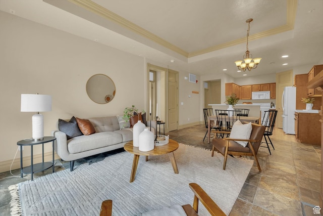 150 S 300 E Unit 202, Salt Lake City, UT 84111 - living room featuring ornamental molding, a tray ceiling, and a chandelier
