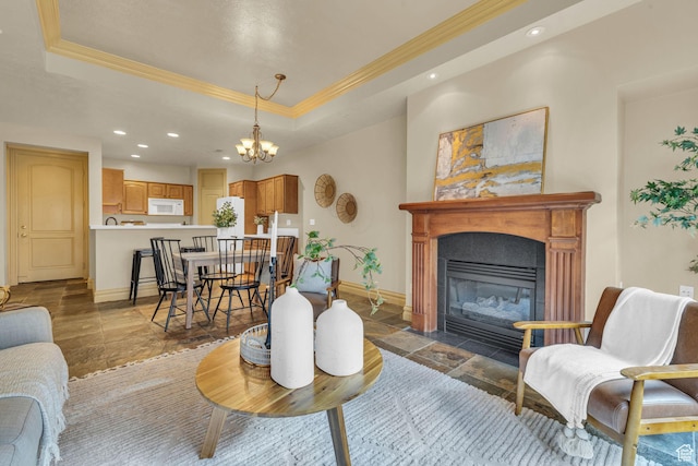150 S 300 E Unit 202, Salt Lake City, UT 84111 - living room with ornamental molding, a tray ceiling, and a notable chandelier