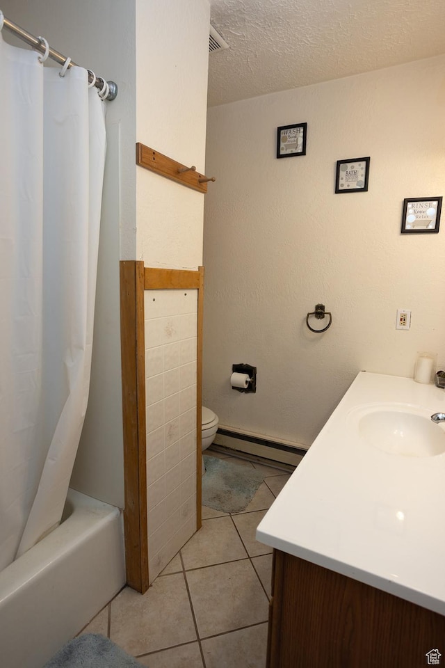 1904 N Rocky Ford Rd, Sigurd, UT 84657 - full bathroom with a textured ceiling, a baseboard radiator, vanity, shower / bathtub combination with curtain, and tile patterned flooring
