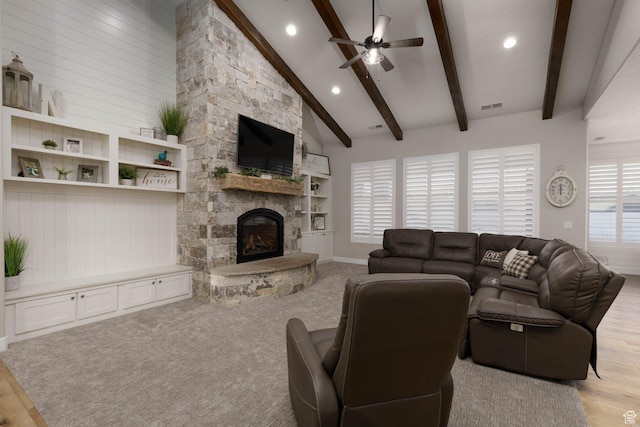 717 S 775 W, Hurricane, UT 84737 - living room with high vaulted ceiling, a fireplace, beamed ceiling, ceiling fan, and light hardwood / wood-style floors