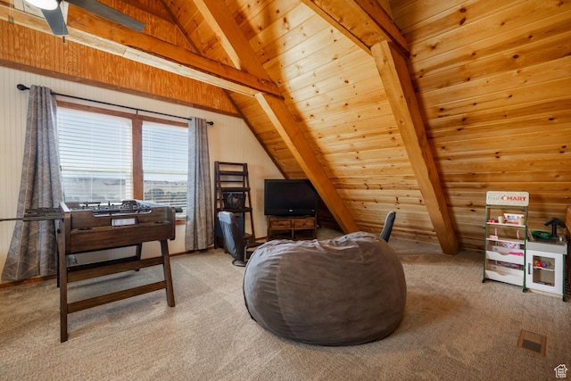 9742 S Crk 29, Duchesne, UT 84021 - sitting room with wooden walls, wood ceiling, lofted ceiling with beams, and light carpet